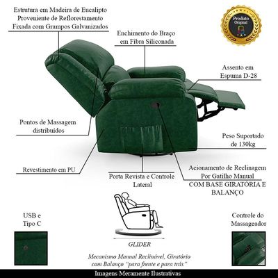 Poltrona do Papai Reclinável Sala de Cinema Madrid Glider Manual Giratória Massagem USB PU Verde Musgo  G26