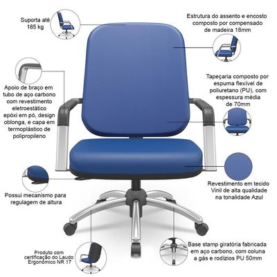 Cadeira De Escritório Giratória Com Braço Cromada Magno P03 Vinil Azul - Lyam Decor