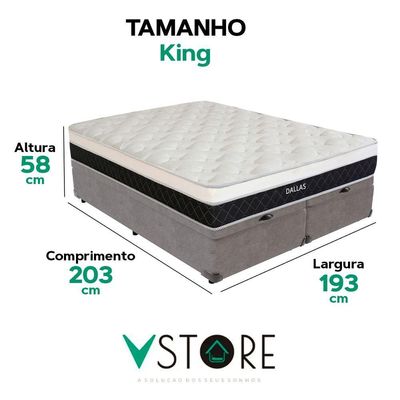 Cama Box Baú King E Colchão Dallas Molas V-store 193x203x20 Cinza
