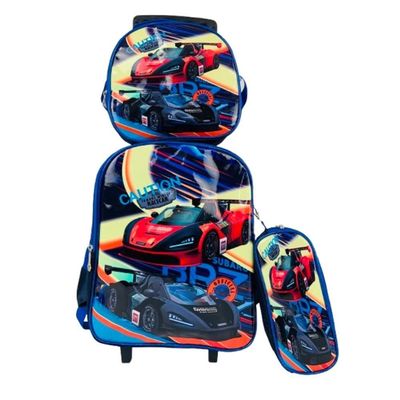Kit Mochila Infantil Meninos Com Rodinhas Carros Escolar Estojo Lancheira Térmica Bolsa Carrinho