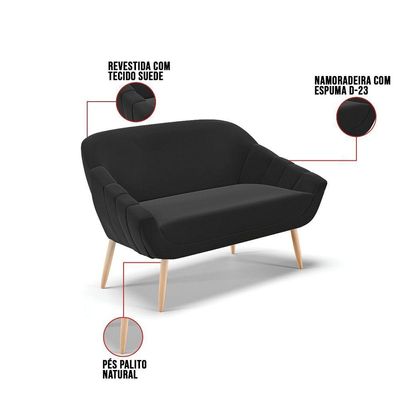 Namoradeira 02 Lugares Suede Preto Pés Palito Natural