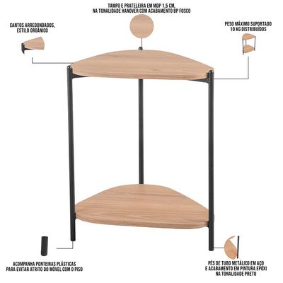 Mesa Lateral Para Sala de Estar Pés Metálicos Adek A03 Hanover Preto - Lyam Decor