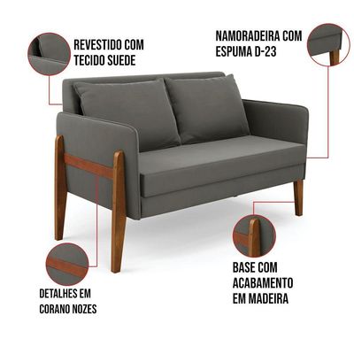 Namoradeira 2 Lugares Lana Suede Base De Madeira - D'rossi Cor Grafite