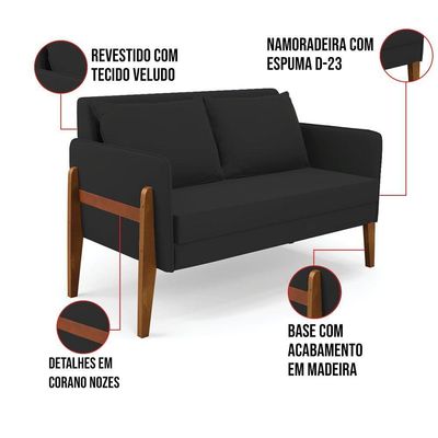 Sofá Namoradeira Lana Veludo Base De Madeira - D'rossi Cor Preto