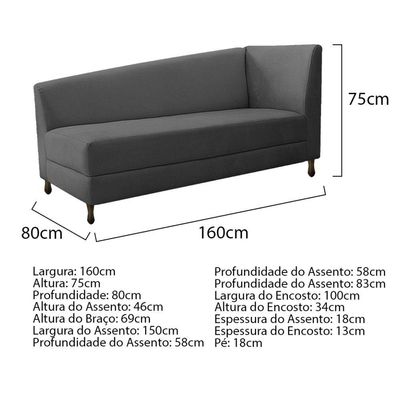 Kit Diva Recamier Heitor 160cm Lado Esquerdo e 02 Poltronas Luiza Linho Cinza escuro