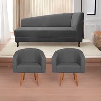 Kit Diva Recamier Heitor 160cm Lado Esquerdo e 02 Poltronas Luiza Linho Cinza escuro