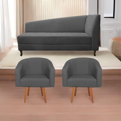 Kit Diva Recamier Heitor 160cm Lado Esquerdo e 02 Poltronas Luiza Linho Cinza escuro