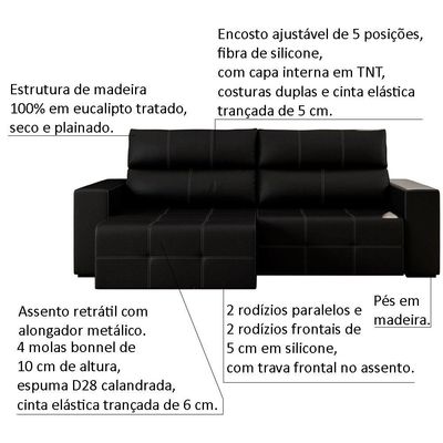 Sofá Retrátil Reclinável 4 Lugares Sala de Estar 284cm Russo Couro Preto - Gran Belo