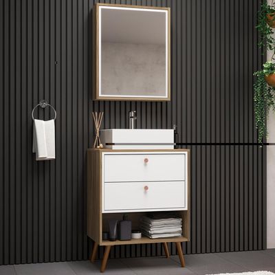 Conjunto Para Banheiro Balcão e Armário Com Pés 60cm Lionel B06 Branco Nogal - Lyam Decor