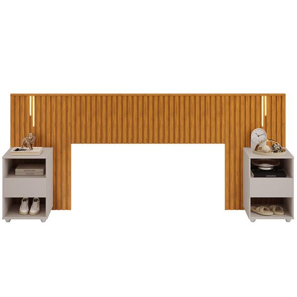Cabeceira Casal e Queen Ripada Com LED e 2 Mesas Laterais Lice D05 Ypê Bali - Lyam Decor