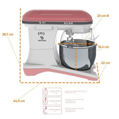 Batedeira Planetária Eclair 10 Velocidades 5l 1500w Bp-500 Rosa Bivolt - Braesi
