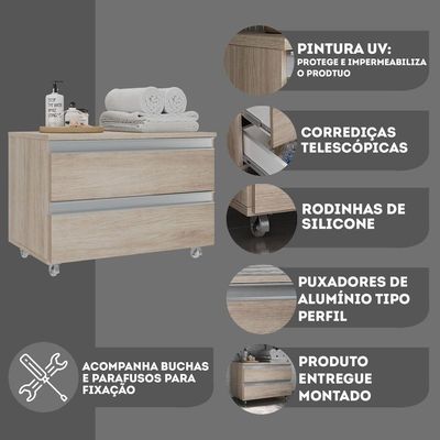 Gabinete Banheiro Rodinhas Joia 60cm 02 Gavetas Madeirado Inteiro