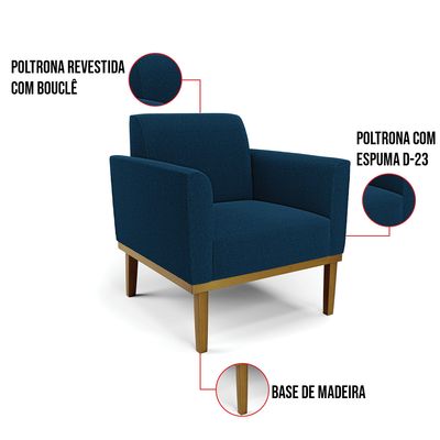 Poltrona Sala Base Madeira Castanho Kit 2 Marisa Bouclê Azul D03 - D'Rossi