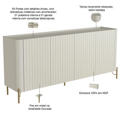 Buffet Sala de Jantar 4 Portas Brise 1 Gaveta Pés Industrial Dourado Naim I03 Luna - Lyam