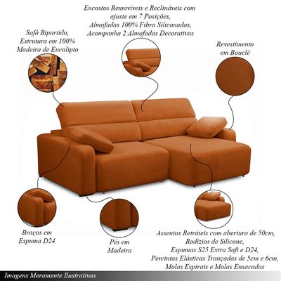 Sofá Decorativo Sala de Estar Ícaro 3 Lugares 240cm Reclinável e Retrátil Bouclê Terracota