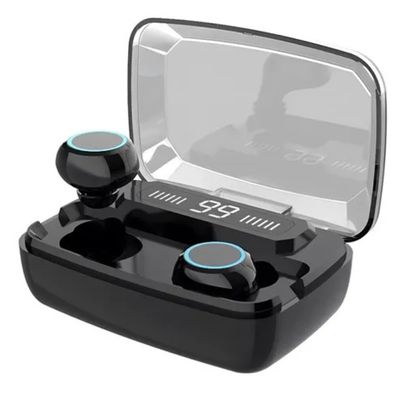 Fone de Ouvido Preto TWS e Base Carregadora Power Bank À Prova de Suor