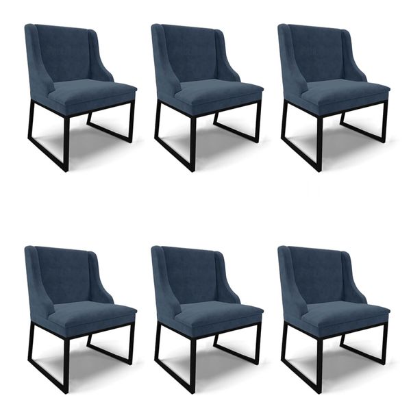 Cadeira Sala de Jantar Industrial Preto Kit 6 Liz Suede Azul Mho D03 - D'Rossi