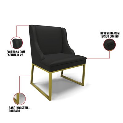 Cadeira Sala de Jantar Industrial Dourado kit 8 Liz Sintético D03 - D'Rossi Preto