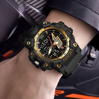 Relógio Esportivo Masculino Com Cronógrafo Analógico Digital Duplo Display 50m À Prova Da Água Preto Dourado