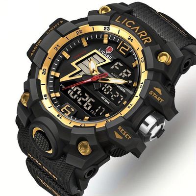 Relógio Esportivo Masculino Com Cronógrafo Analógico Digital Duplo Display 50m À Prova Da Água Preto Dourado