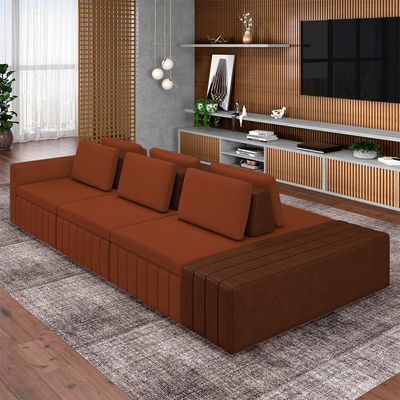Sofá Ilha com Encosto e Almofadas Móveis Olimpo 365cm Modulado Linho/PU Terracota/Marrom G45 - Gran Belo