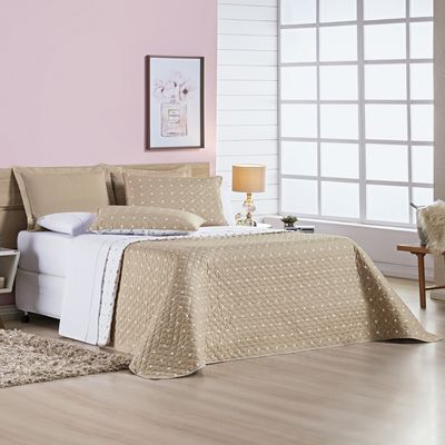 Kit Cobre Leito Colcha Meggy Poá Solteiro Dupla Face Micropercal 200 Fios 2 Peças - Cáqui