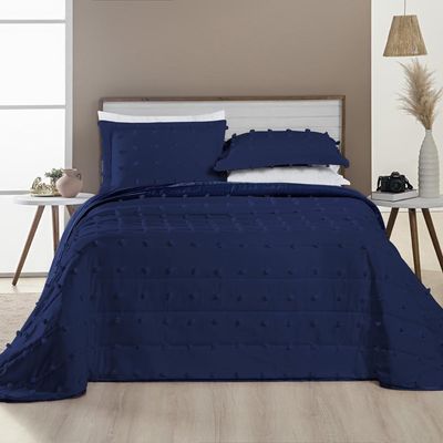 Kit Cobre Leito Colcha Sofist King 3 Peças MicroPercal 300 Fios Detalhado Bolinhas - Azul Marinho