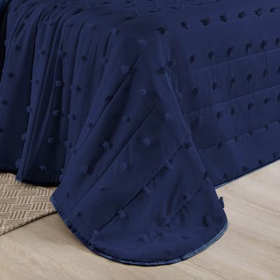 Kit Cobre Leito Colcha Sofist King 3 Peças MicroPercal 300 Fios Detalhado Bolinhas - Azul Marinho