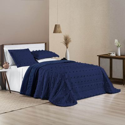 Kit Cobre Leito Colcha Sofist King 3 Peças MicroPercal 300 Fios Detalhado Bolinhas - Azul Marinho