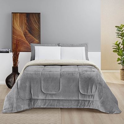 Coberdrom Diamond Casal Queen Sherpa Com Manta Flannel 01 Peça - Cinza