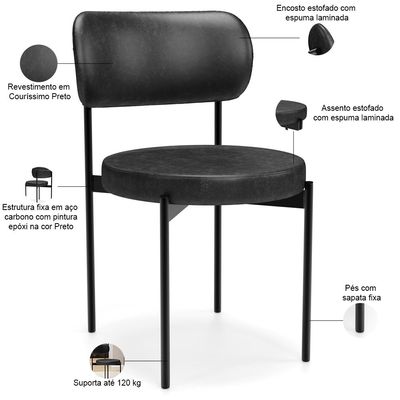 Cadeira Decorativa Estofada Para Sala De Jantar Louvre L02 Couríssimo Preto - Lyam Decor
