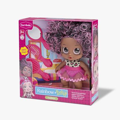 Boneca Rainbow Baby Fashion Negra Cabelo Rosa 859 - Bambola