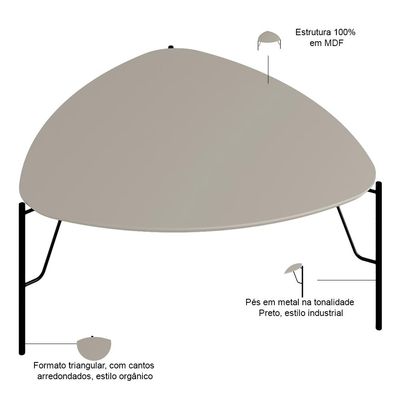 Mesa de Centro Para Sala de Estar Alta Pés Industrial Preto Alef I03 Grigio - Lyam Decor