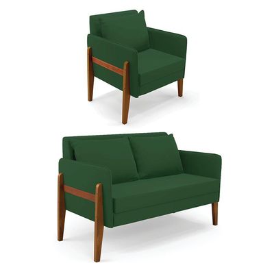 Kit 1 Sofá Namoradeira E 1 Poltrona Lana Veludo Base De Madeira - D'rossi Cor Verde