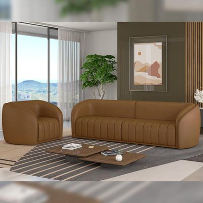 Conjunto Sala de Estar Sofá 332cm 4 Lugares e Poltrona Adam PU Caramelo G45 - Gran Belo