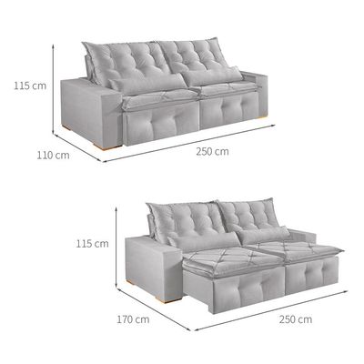 Sofá 4 Lugares Retrátil e Reclinável França Veludo Prata 250 cm