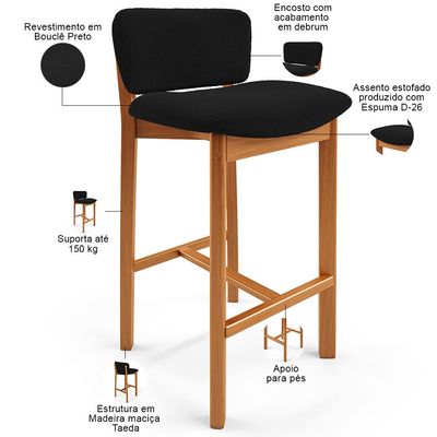 Banqueta Alta Para Cozinha Sala de Jantar Bar Dara L02 Bouclê Preto- Lyam Decor