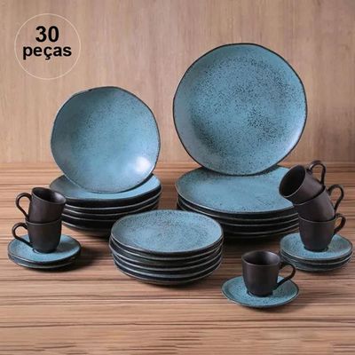 Aparelho de Jantar 30 Peças Cerâmica Stoneware Orgânico Petroleum Porto Brasil Preto