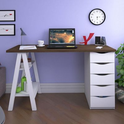 Mesa Para Escritório Escrivaninha Home Office 05 Gavetas Spirit Nogal A02 Branco - Lyam Decor