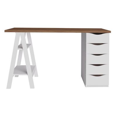 Mesa Para Escritório Escrivaninha Home Office 05 Gavetas Spirit Nogal A02 Branco - Lyam Decor