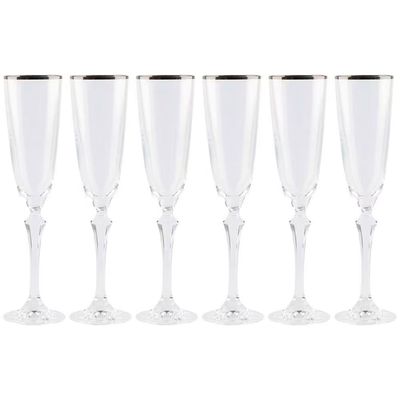 Conjunto de Taças para Champanhe Elizabeth em Cristal Ecológico Silver Rim 200 ml 6 Peças Bohemia Transparente