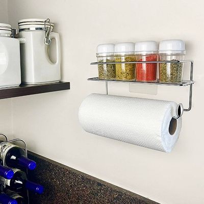 Suporte Condimentos 4 Potes e Papel Toalha Parede Adesivo Aço Cromado Utimil Cromado