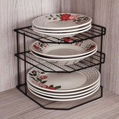 Suporte Triplo para Pratos PR579 Preto 23x25x25cm Aço Epóxi Brilhante 3 Níveis Organização Utimil Preto