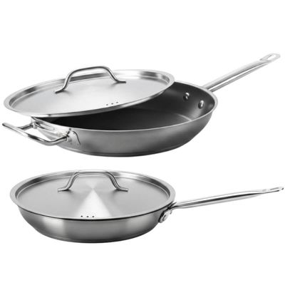 Jogo 2 Frigideiras Com Tampa Brinox Profissional em Aço Inox 24cm e 32cm Fundo Triplo Restaurante