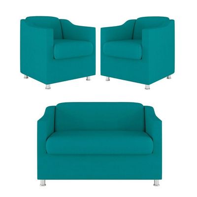 Kit Sofá Namoradeira + 02 Poltrona Tilla Recepção Sala Suede azul Turquesa