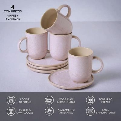 Conjunto de Canecas e Pires Porto Brasil Coup Stoneware 330ml 4 Peças Rosa
