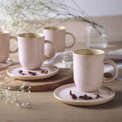 Conjunto de Canecas e Pires Porto Brasil Coup Stoneware 330ml 4 Peças Rosa