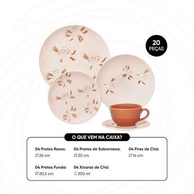 Aparelho de Jantar Unni Orquídea Cerâmica Estampada Marrom/Off White 20 Peças Oxford Marrom/Off White/Savana