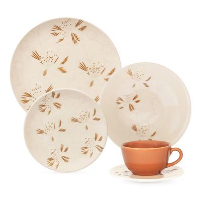 Aparelho de Jantar Unni Orquídea Cerâmica Estampada Marrom/Off White 20 Peças Oxford Marrom/Off White/Savana