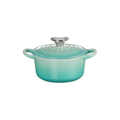 PANELA REDONDA LE CREUSET TRADICIONAL 14CM COM PEGADOR DE URSO EM FERRO FUNDIDO AZUL COOL MINT 21001144962464